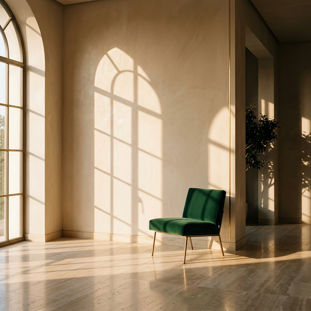AI-assisted editorial image (no identifiable person depicted): a sunlit interior corner with an emerald velvet accent chair and arched-window light across plaster and stone