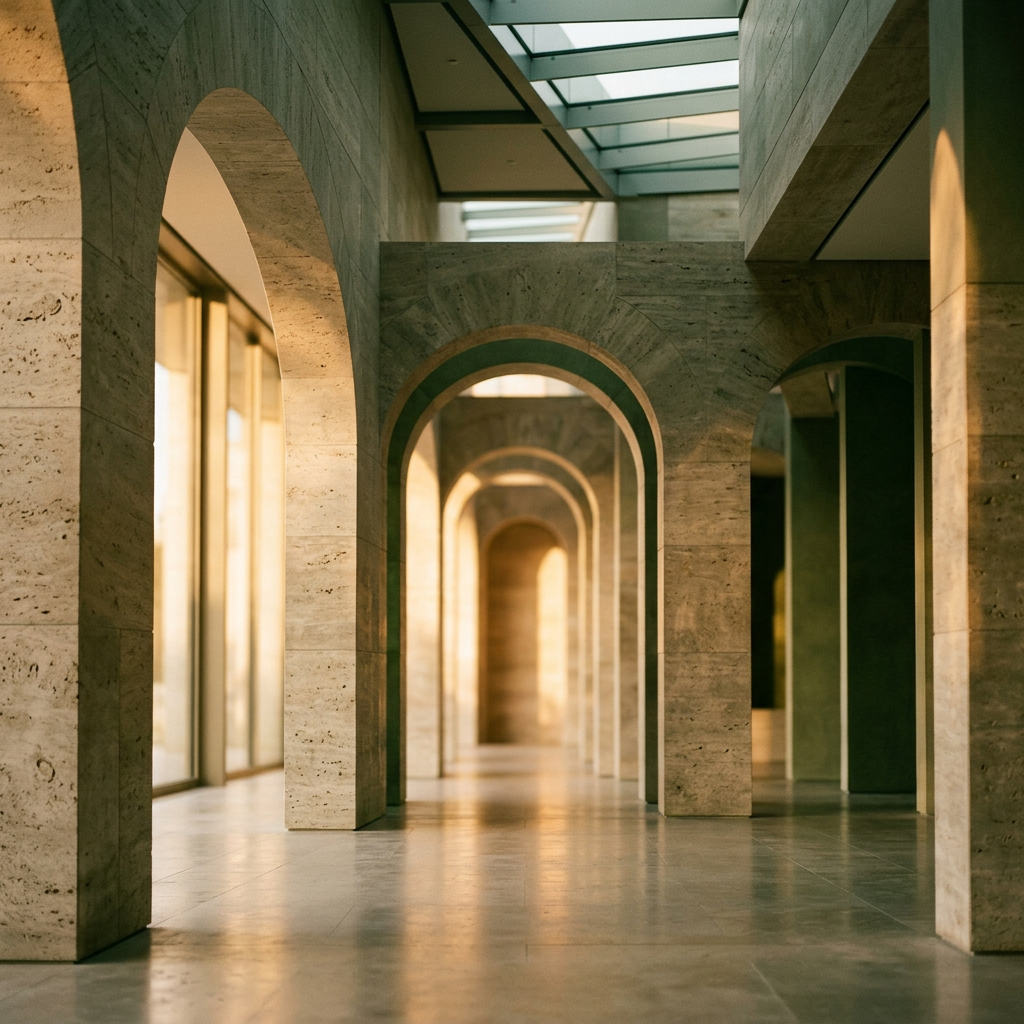 AI-assisted editorial image (no identifiable person depicted): a repeating travertine archway corridor in warm natural light