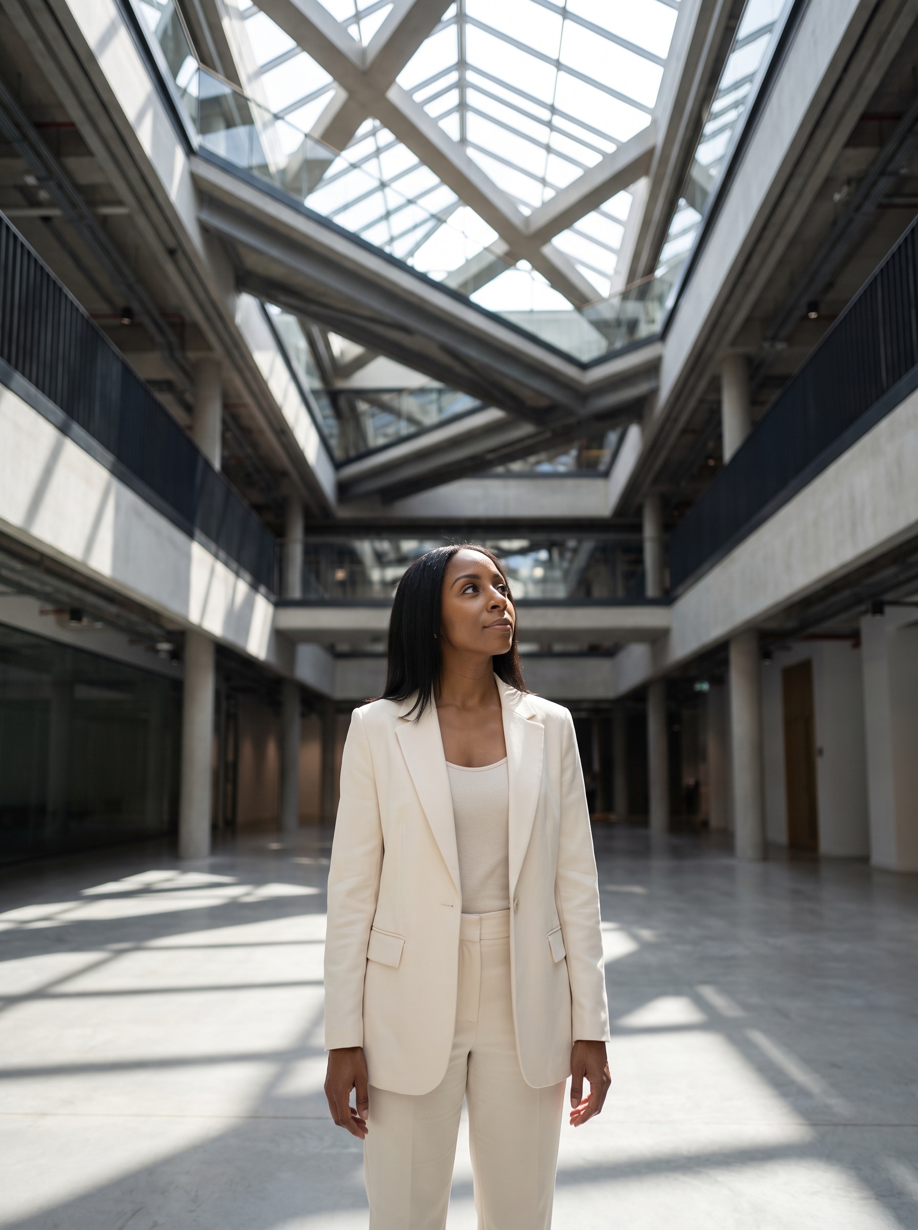 Markesha standing in a sunlit architectural atrium, looking up