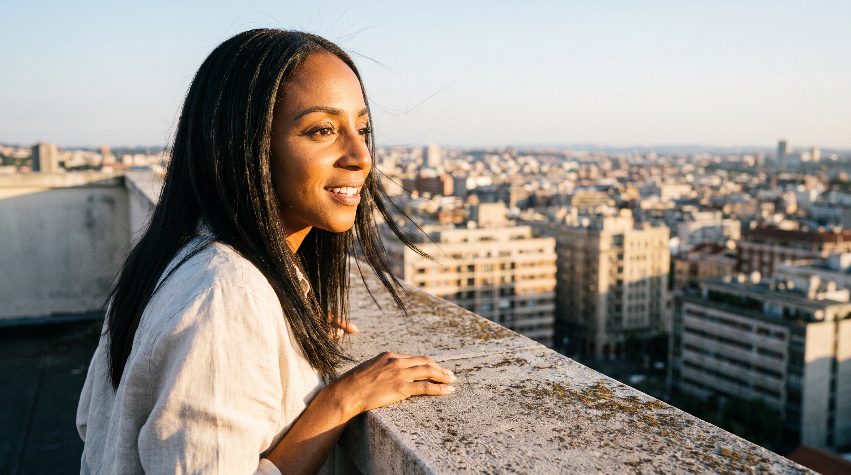 Markesha at the edge of a sunlit rooftop, looking out over an open city view