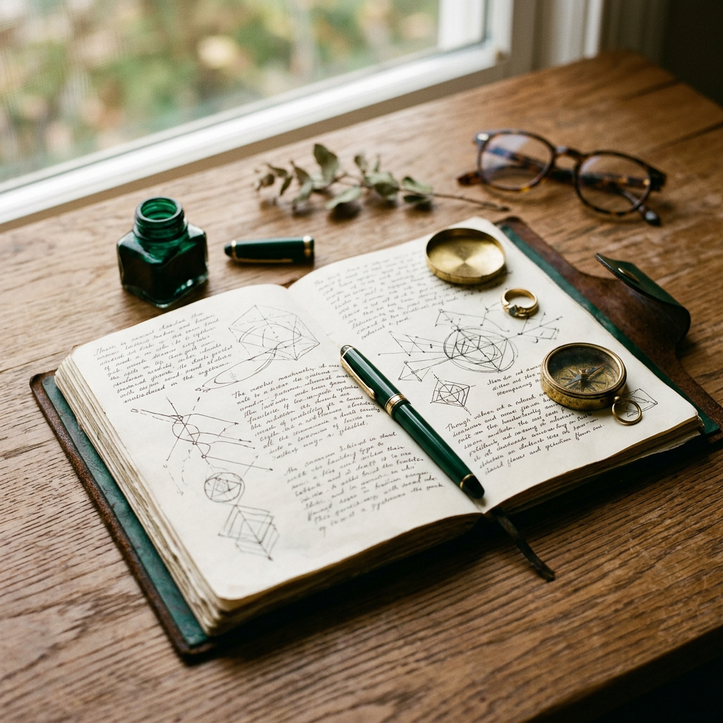 AI-assisted editorial image (no identifiable person depicted): an open journal with a hand-sketched diagram, fountain pen, and brass compass on a sunlit wooden table