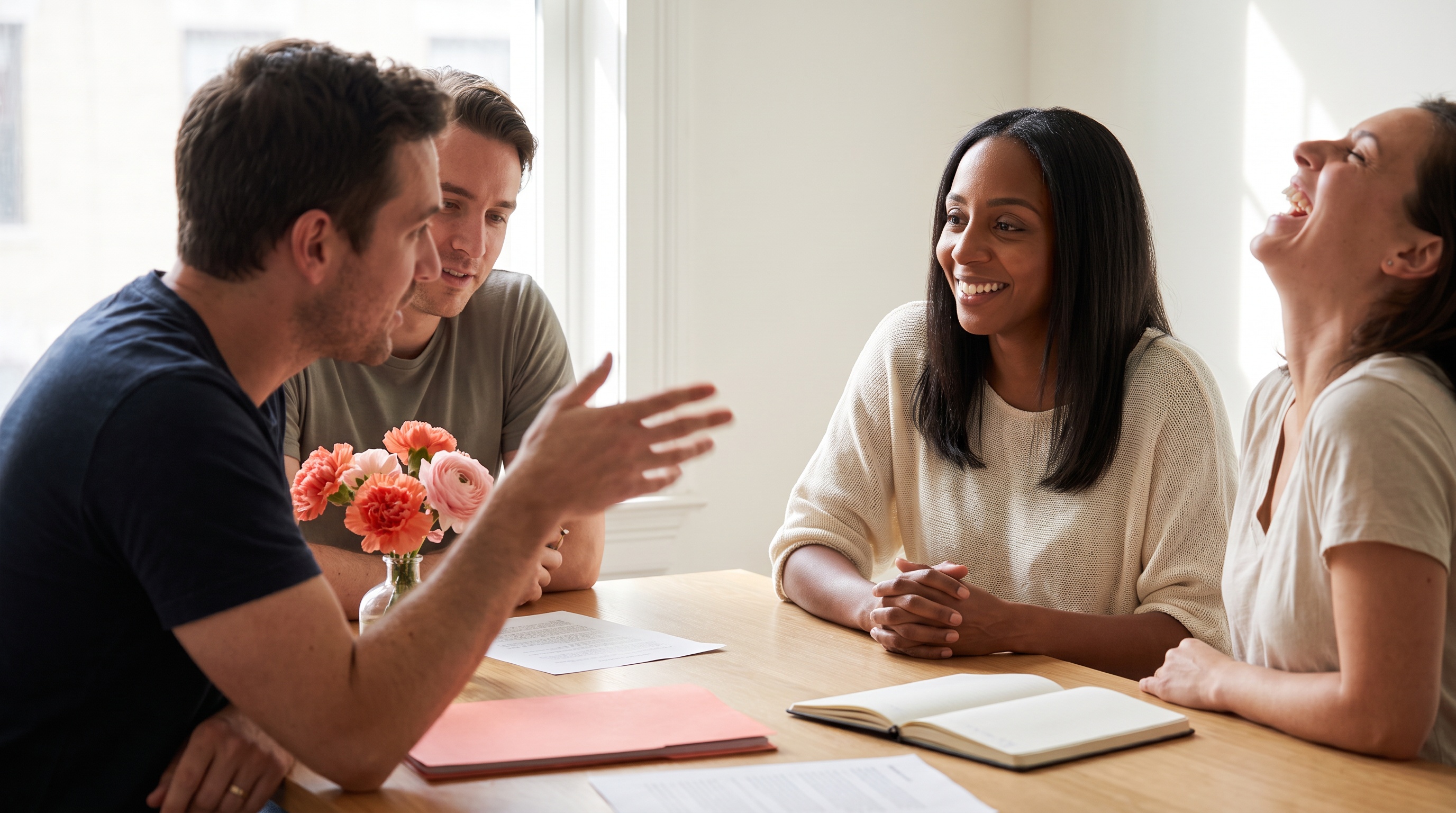 Four people talking closely around a table